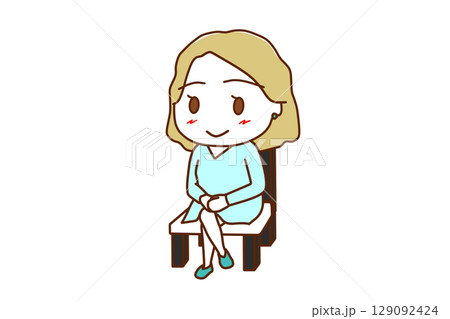 （全身斜め）椅子に笑顔で足を組んで座っている白人女性 129092424