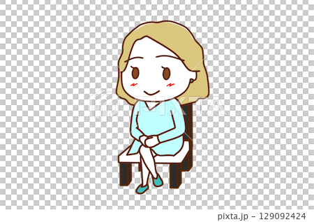 （全身斜め）椅子に笑顔で足を組んで座っている白人女性 129092424