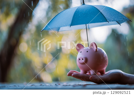 雨の日に傘で守られている貯金箱、金融セキュリティのテーマ 129092521