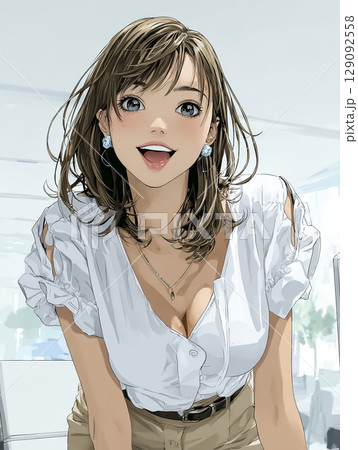 笑顔で前傾姿勢になるビジネスウーマンのイラスト素材（胸元に特徴のある可愛い20代女性） 129092558
