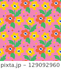 Vector seamless pattern with bright colorful flowers on pink background, Playful floral design in hand-drawn cartoon style, Decorative childlike illustration for textile or wallpaper 129092960