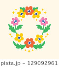 Vector illustration of an abstract floral wreath in oval shape with bright colorful flowers on light background, Decorative hand-drawn flower composition in playful cartoon style 129092961