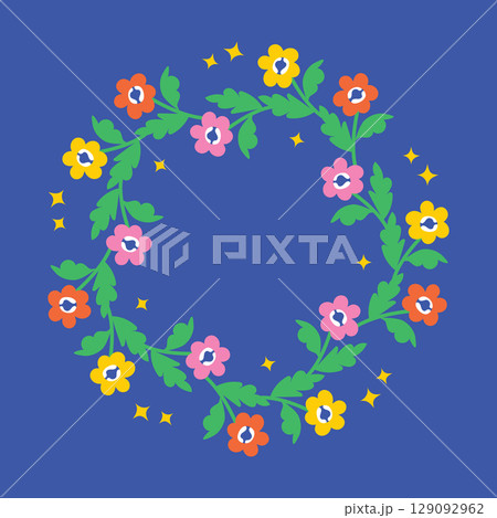 Vector illustration of a colorful floral wreath in doodle cartoon style, Hand-drawn bright flowers arranged in a circle on blue background, Decorative childlike nature design Vector illustration of a colorful floral wreath in doodle cartoon style, Hand-drawn bright flowers arranged in a circle on blue background, Decorative childlike nature design 129092962