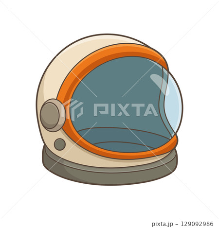 Cartoon depiction of a spacewalking astronaut?s helmet in full colour. 129092986