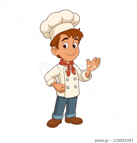 Cartoon illustration of a young chef in uniform, welcoming gesture, smiling Cartoon illustration of a young chef in uniform, welcoming gesture, smiling 129092991