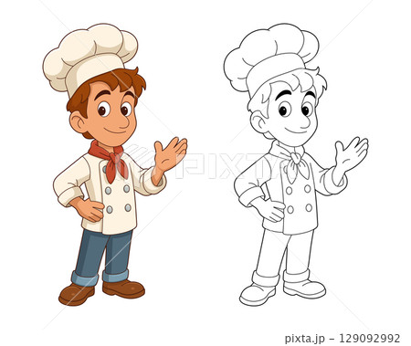 Cartoon chef illustration featuring colored and outlined version. Cartoon chef illustration featuring colored and outlined version. 129092992