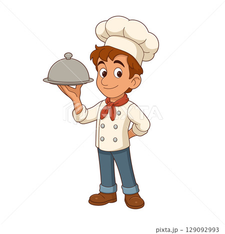 Cartoon Chef holding a silver domed platter, ready to serve delicious food. 129092993