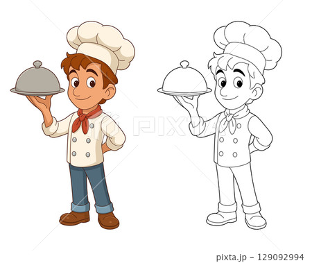 Young chef holding covered dish, line art illustration, inviting presentation Young chef holding covered dish, line art illustration, inviting presentation 129092994