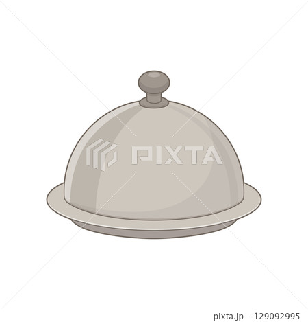 Elegant silver cloche dome over a plate, perfect for showcasing culinary art. Elegant silver cloche dome over a plate, perfect for showcasing culinary art. 129092995