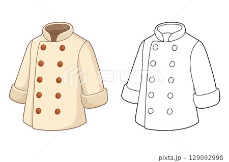 Illustrated chef coat, one colored in and one in black and white outline. 129092998