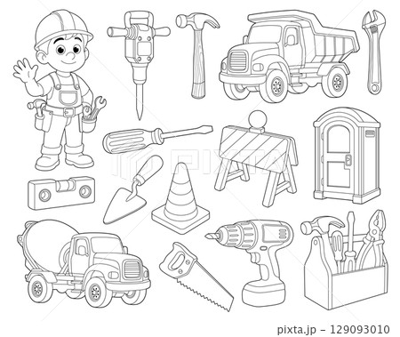 Cartoon construction worker surrounded by tools and heavy equipment in outlines Cartoon construction worker surrounded by tools and heavy equipment in outlines 129093010