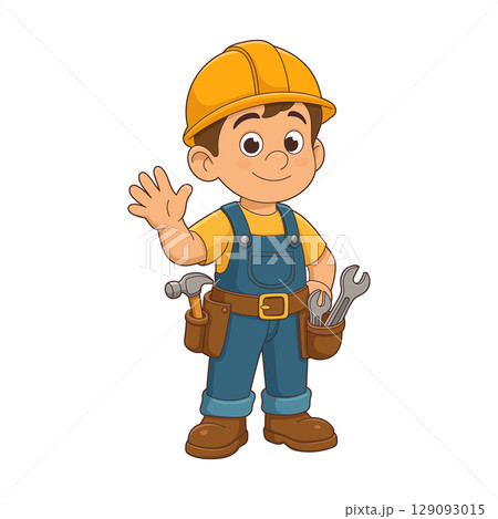 Cartoon builder boy with hardhat, overalls, tool belt, waving hand hello. 129093015