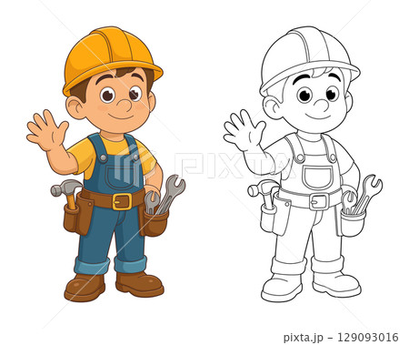 Cartoon construction worker with tool belt waves in color and line drawing. Cartoon construction worker with tool belt waves in color and line drawing. 129093016