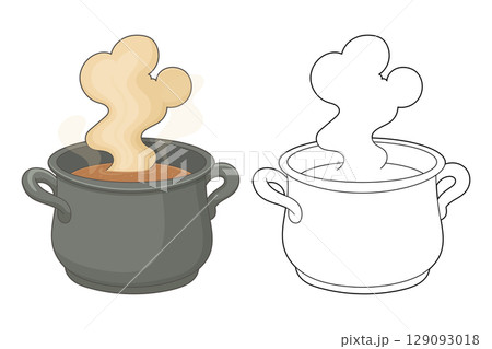 Steaming pot of food: Colorful cartoon rendering and line art illustration. 129093018