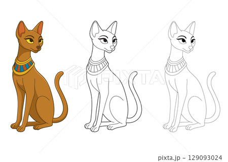 Ancient Egyptian stylized cat illustration in color and line drawing format. Ancient Egyptian stylized cat illustration in color and line drawing format. 129093024