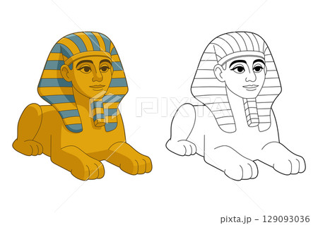 Cartoon rendering of a sphinx, in color and in black and white outline. 129093036