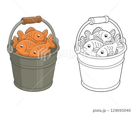 Bucket full of orange fish illustration, a full color version and a black and white outlined version. Bucket full of orange fish illustration, a full color version and a black and white outlined version. 129093040