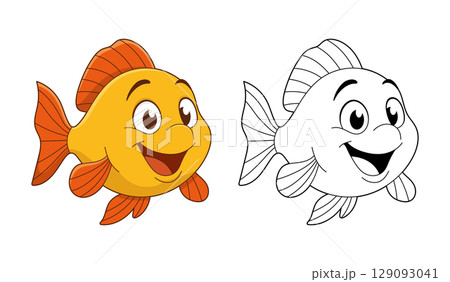Cartoon fish duo: one vibrant yellow, the other ready for coloring, smiling with big eyes and fins Cartoon fish duo: one vibrant yellow, the other ready for coloring, smiling with big eyes and fins 129093041