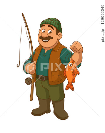 Cartoon fisherman smiling with a catch. Holds fishing rod and hooked fish. Isolated on white background. 129093049