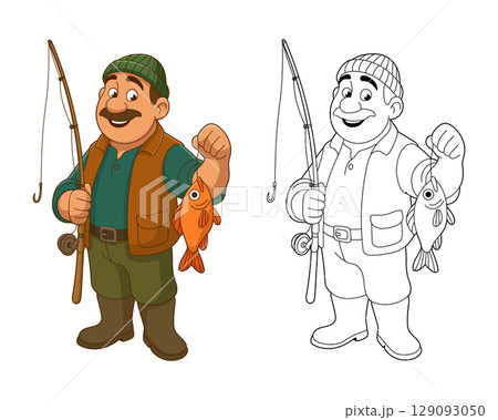 Cartoon Fisherman Proudly Displays His Catch Next to Black and White Line Drawing 129093050