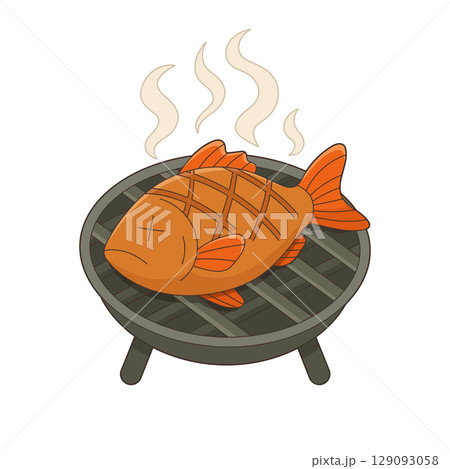A cartoon fish is grilled on a metal grill. Steam rises from the cooked fish. 129093058