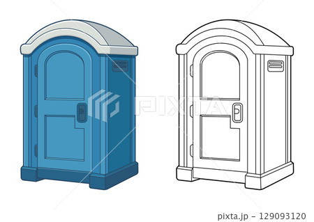 Cartoon depiction of a portable restroom in blue, next to a line drawing 129093120
