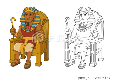Cartoon pharaoh sits on a golden throne holding a crook and flail staff. 129093125