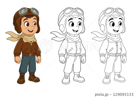 Boy dressed as a vintage pilot, ready for adventure, cartoon illustration. Boy dressed as a vintage pilot, ready for adventure, cartoon illustration. 129093133