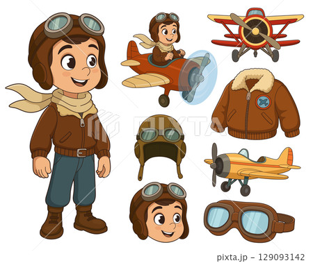 Cartoon pilot character with airplane, helmet, and goggles illustrations. 129093142