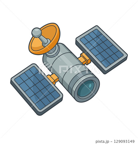A cartoon satellite with solar panels and a dish on a white background. 129093149
