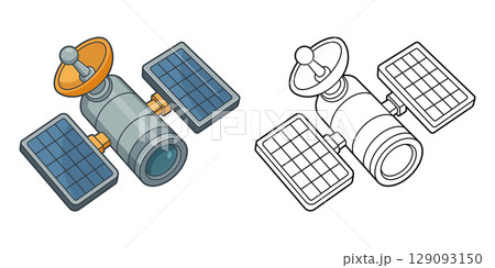 Satellite orbiting high with solar panels and a communication dish antenna. Satellite orbiting high with solar panels and a communication dish antenna. 129093150