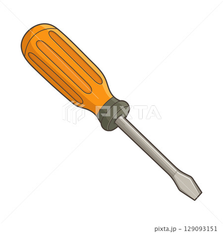 Cartoon flathead screwdriver with an orange handle, used for construction Cartoon flathead screwdriver with an orange handle, used for construction 129093151