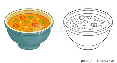 Bowl of Soup with vegetables, illustration, cartoon food with outline bowl 129093156