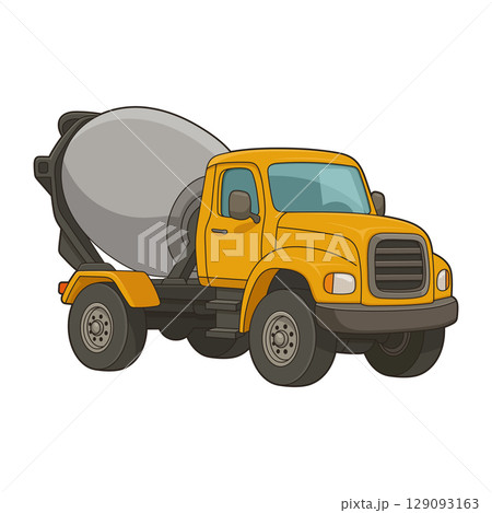 Cartoon illustration of a yellow cement truck with a grey mixing drum. Cartoon illustration of a yellow cement truck with a grey mixing drum. 129093163