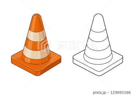 Orange traffic cone with stripes, alongside a line art cone illustration 129093166