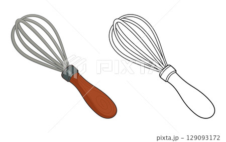 Cartoon image featuring a whisk with gray metal and wooden handle design. 129093172