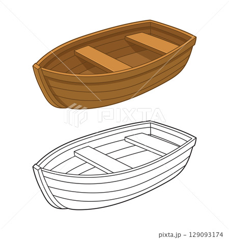 Two depictions of a small rowboat, one colored in brown and the other as an outlined drawing. 129093174