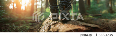 A person walks on a log in a lush forest, created with AI A person walks on a log in a lush forest, created with AI 129093239