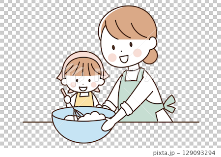 Vector image of parents and children having fun making sweets 129093294