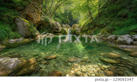 森の奥深く、静寂に包まれた清流の風景 森の奥深く、静寂に包まれた清流の風景 129093347