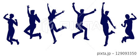 ジャンプして喜びを表現する男女のシルエット ジャンプして喜びを表現する男女のシルエット 129093350