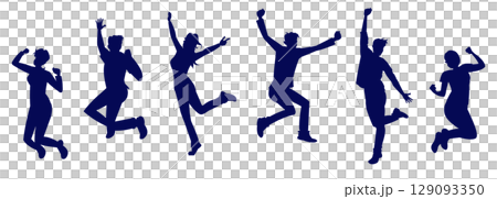 Silhouettes of men and women jumping and expressing joy 129093350