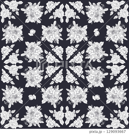 Vintage line art white rose sprigs seamless pattern with black backdrop. Romantic monochrome floral composition repeat background 129093667