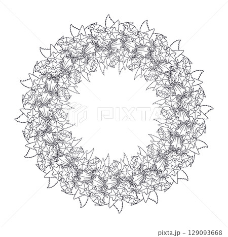 Hand drawn black and white line art canary islands flowers bellflower wreath. Card template with cute monochrome floral frame 129093668