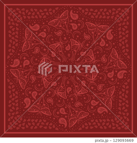 Black and white scarf or bandana with luna moths and paisley mandala pattern. Ethnic monochrome carpet design with butterfly 129093669