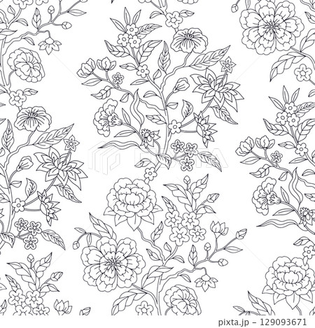 Black and white Jacobean seamless pattern with hand drawn flowers and leaves on white background. Boho floral repeat wallpaper Black and white Jacobean seamless pattern with hand drawn flowers and leaves on white background. Boho floral repeat wallpaper 129093671