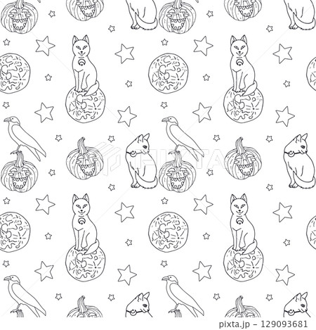 Seamless pattern with cute hand drawn monochrome Halloween witchy black cats Seamless pattern with cute hand drawn monochrome Halloween witchy black cats 129093681