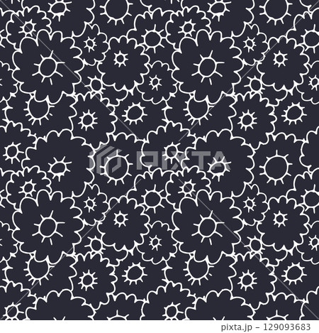 Monochrome black and white ditsy floral seamless pattern. Hand drawn vintage backdrop with tiny daisy flowers. Cottagecore texture 129093683