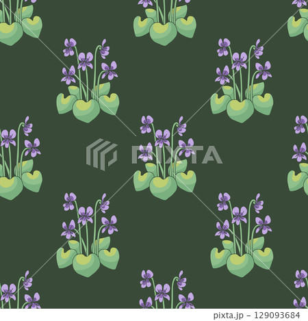 Seamless pattern with canary islands flowers Blue Violet in vintage millefleur style on green background 129093684