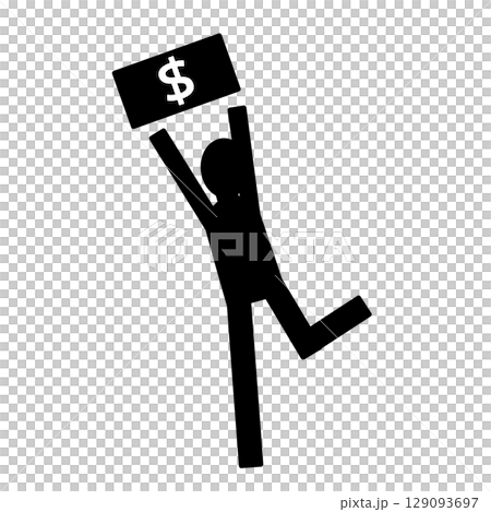 一個人即將跳上一張美元鈔票的輪廓 一個人即將跳上一張美元鈔票的輪廓 129093697
